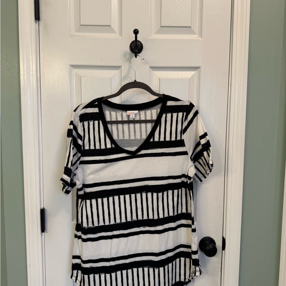 LuLaRoe Black and White Striped Short Sleeve Top